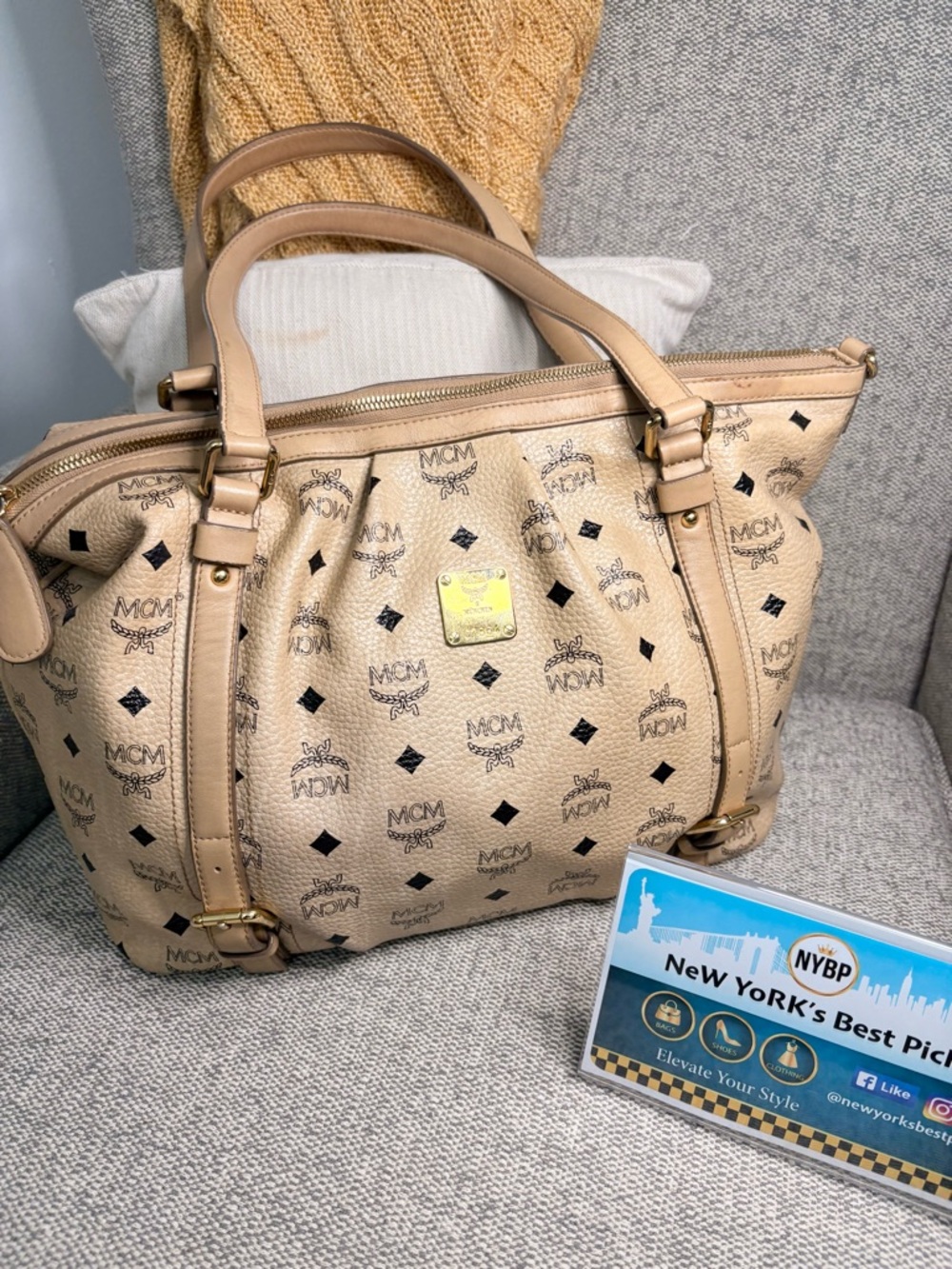MCM Beige Logo Satchel Tote with Gold Plaque
